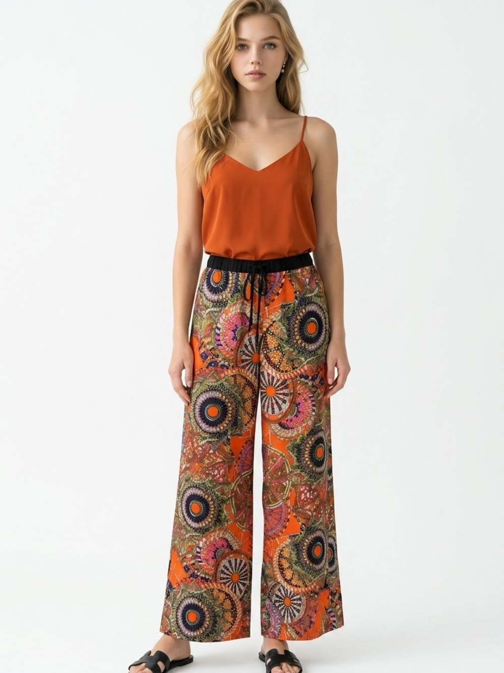 Love Tree Boho Printed Wide-Leg Palazzo Drawstring Pants Size Lg